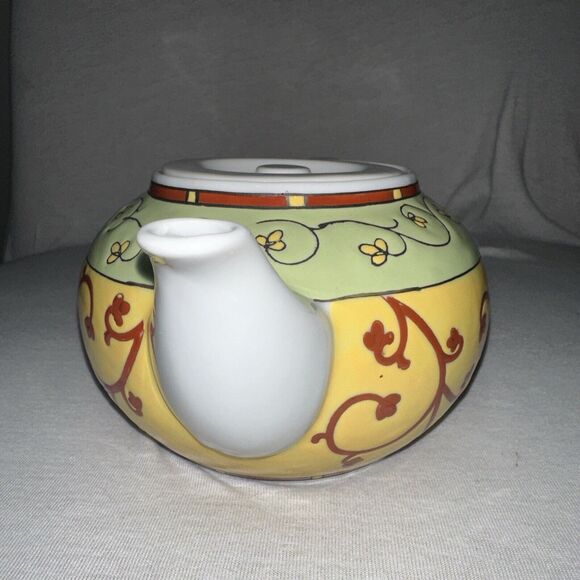 PIER 1 Teapot Cup Set And 3 Piece Cup Set Yellow Burgundy Green Ceramic EUC - Picture 5 of 8